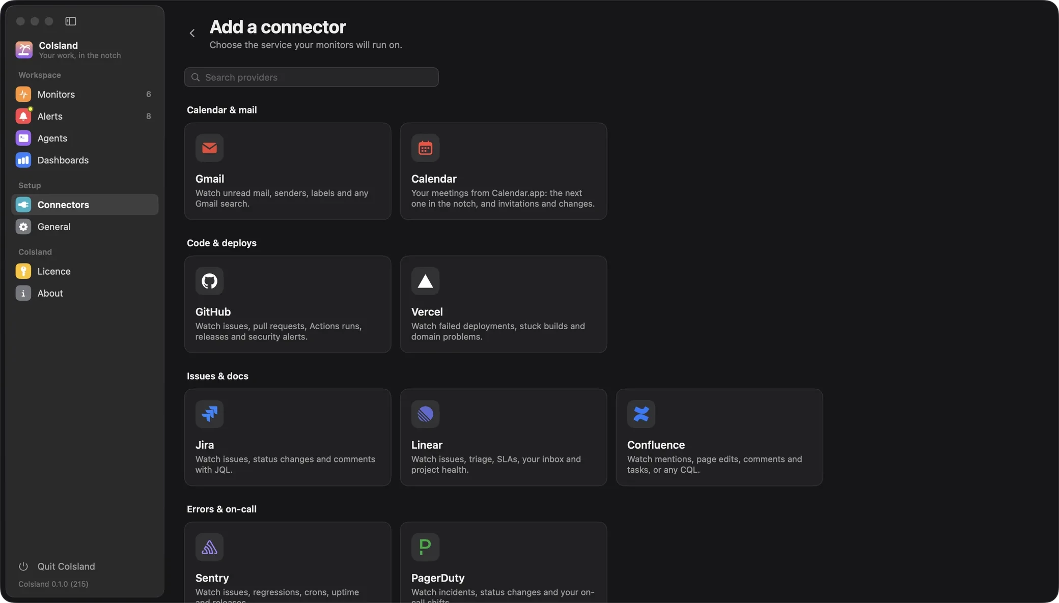 Add a connector screen in CoIsland: a search field, then one card per tool under Calendar & mail, Code & deploys, Issues & docs and Errors & on-call, each saying what its monitors watch.