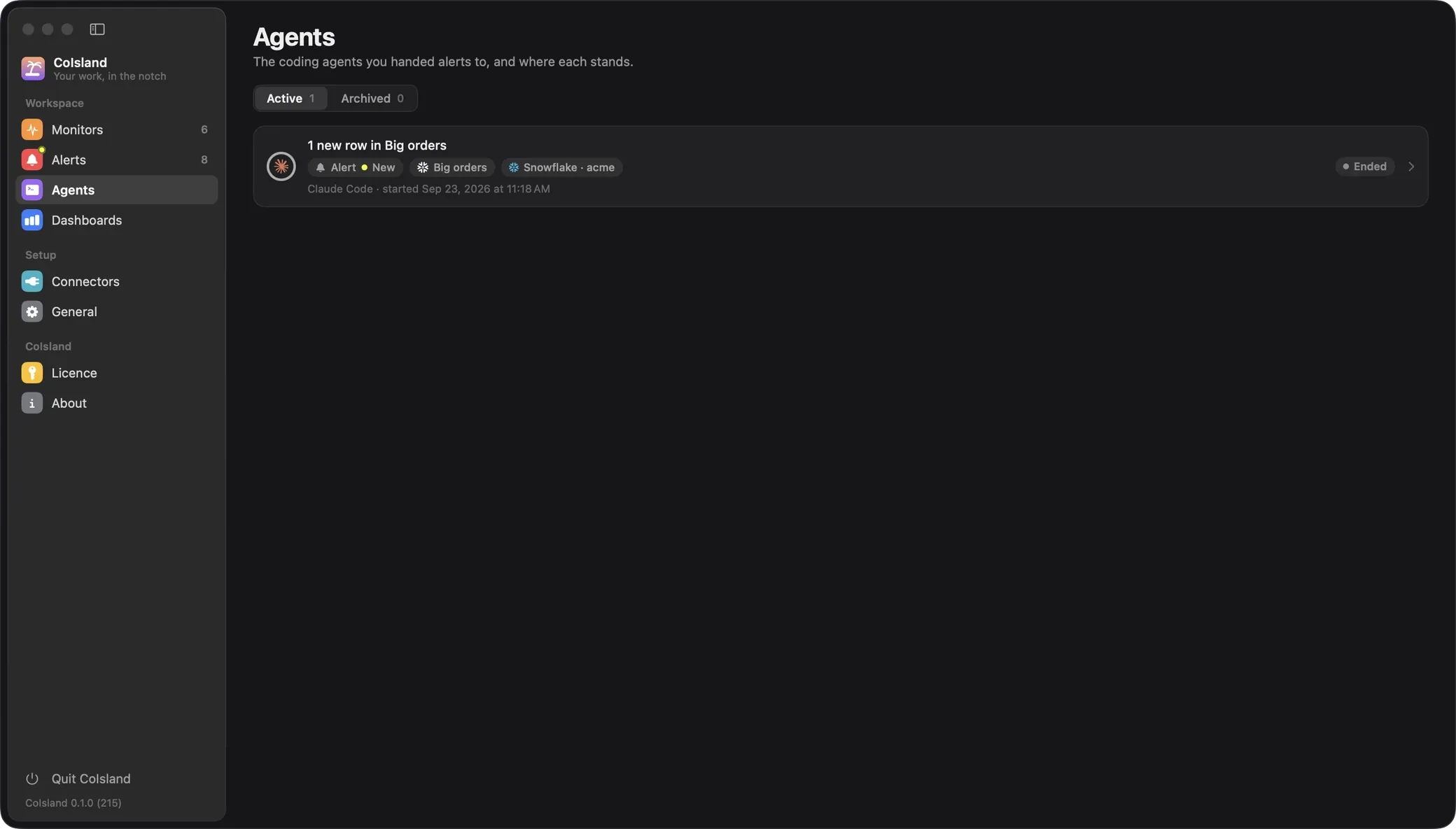CoIsland Agents screen: a Claude Code session started on a Big orders alert, with its alert, monitor and connector, now Ended.