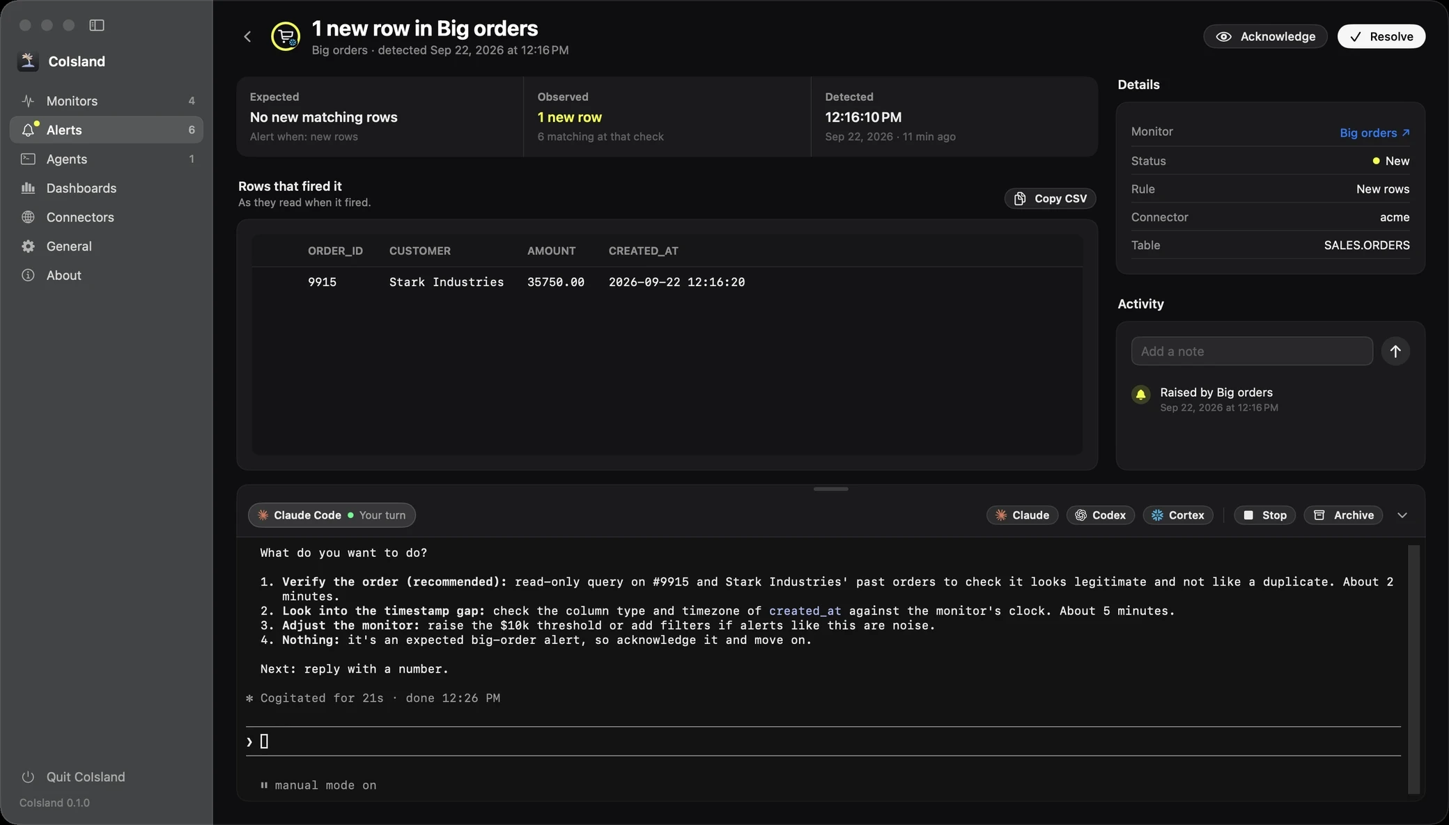Claude Code working on an alert inside CoIsland: the alert above, and in the terminal below Claude Code proposes four next steps and waits for an answer.