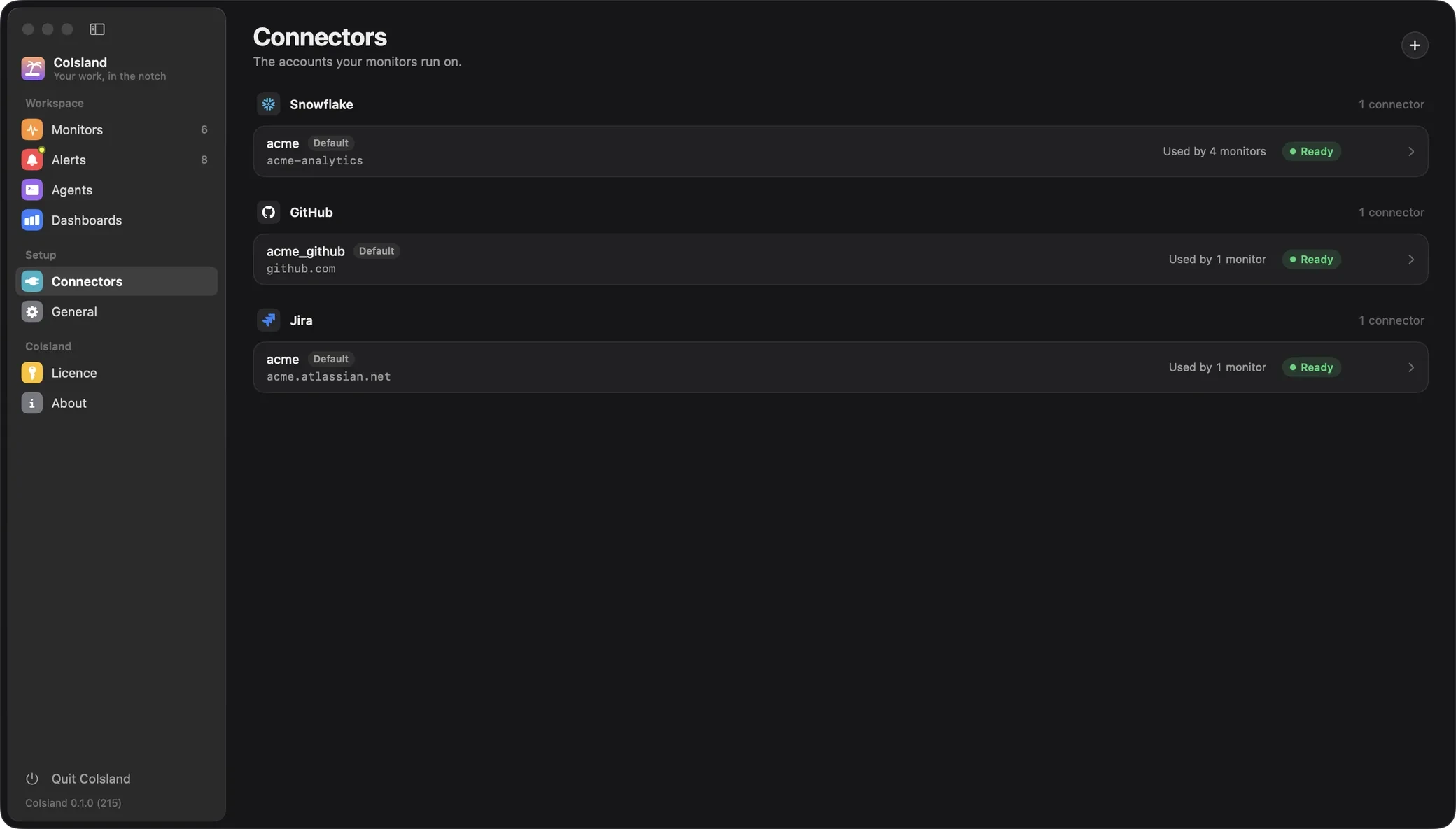 CoIsland Connectors screen: acme for Snowflake on the acme-analytics account, used by four monitors, then acme_github on github.com and acme for Jira on acme.atlassian.net, used by one each, all Default and Ready.