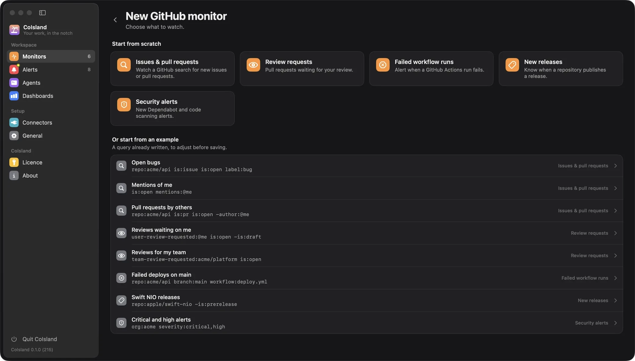 New GitHub monitor: issues and pull requests, review requests, failed workflow runs, new releases and security alerts, then eight example searches.
