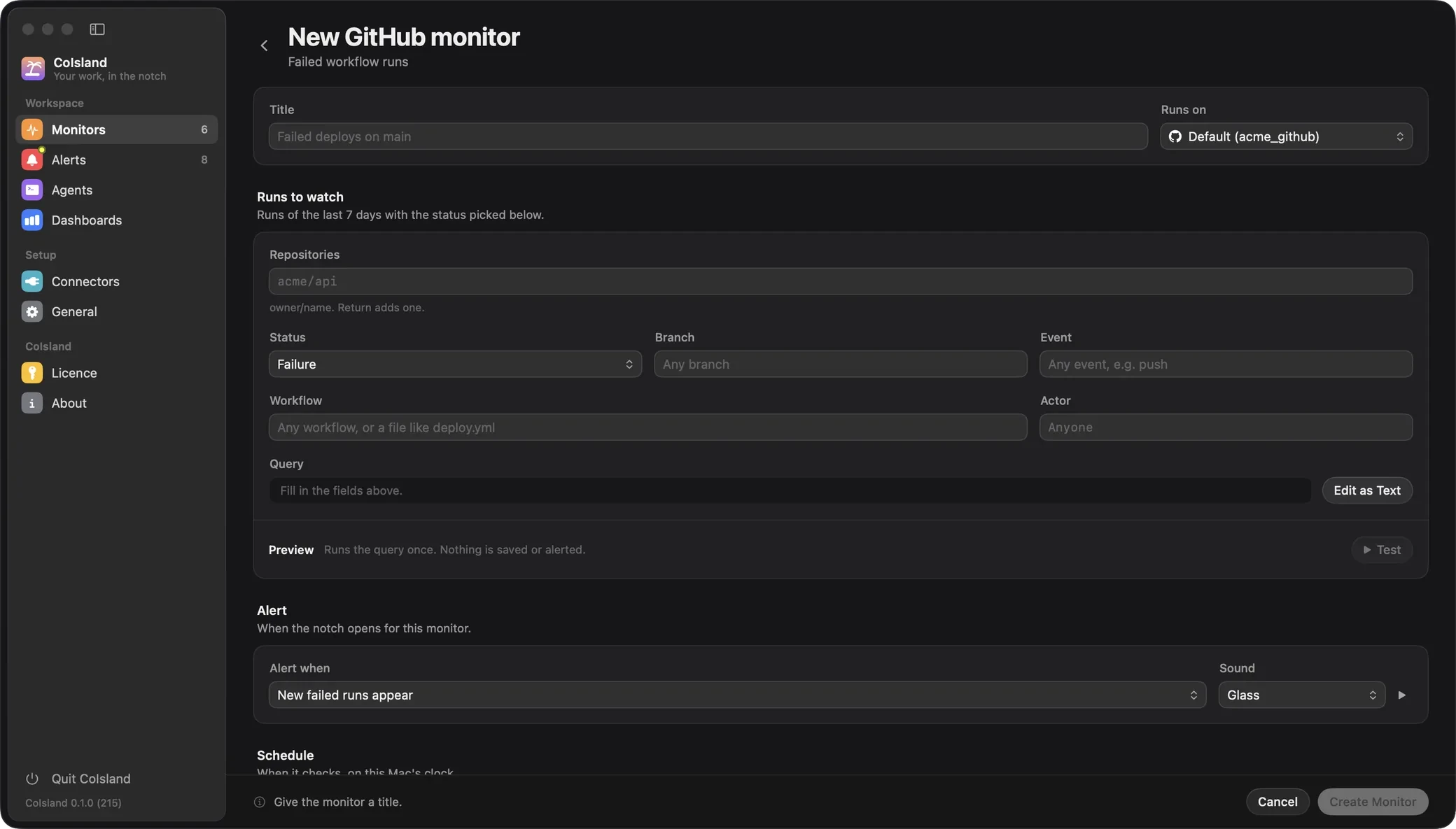 New GitHub failed workflow runs monitor: repositories, status, branch, event, workflow and actor fields that build the query, Edit as Text and Test, then the alert rule and the sound.