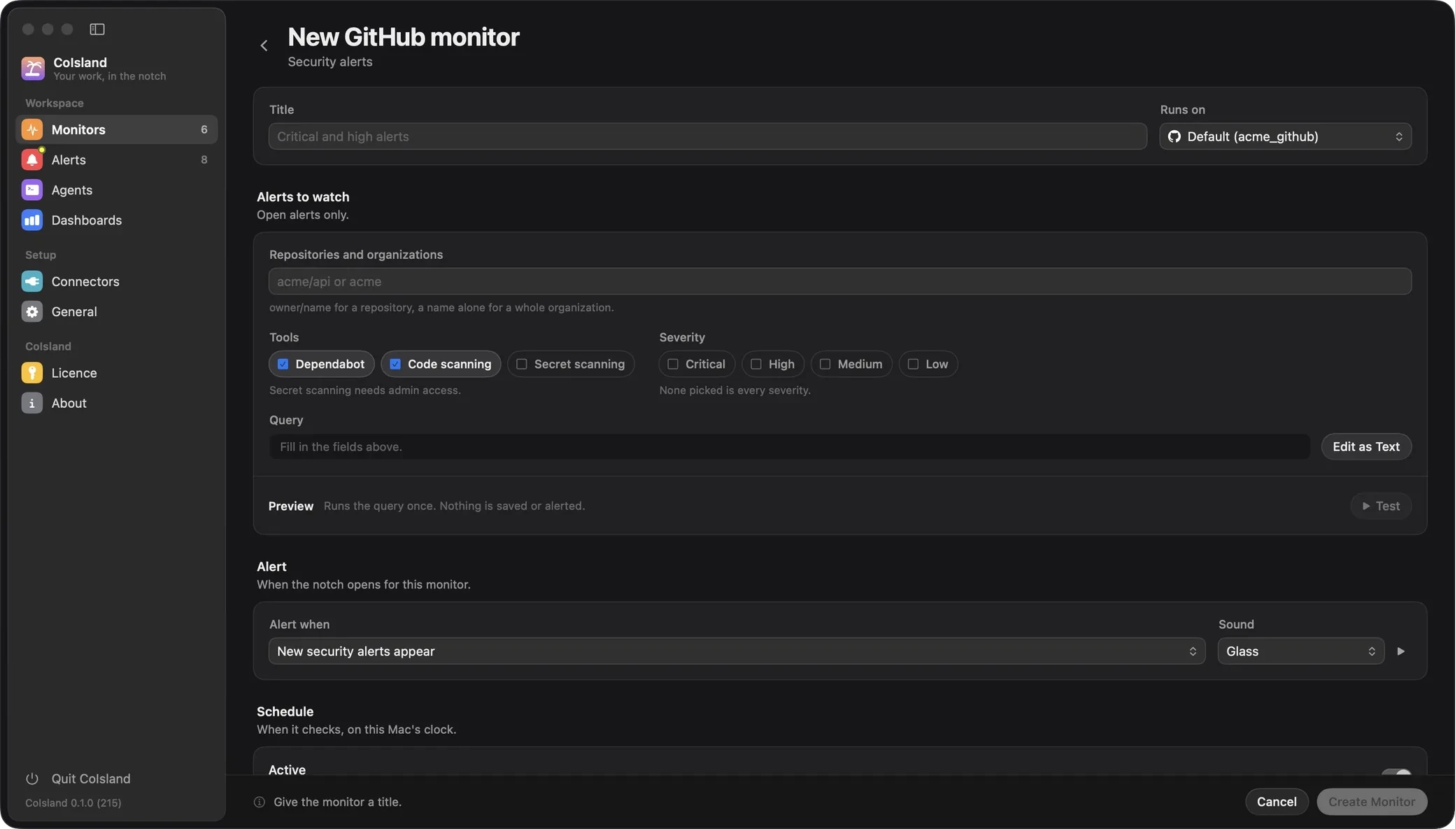 New GitHub security alerts monitor: repositories or organizations, Dependabot, code scanning and secret scanning, and the severities to watch, then the alert rule and the sound.