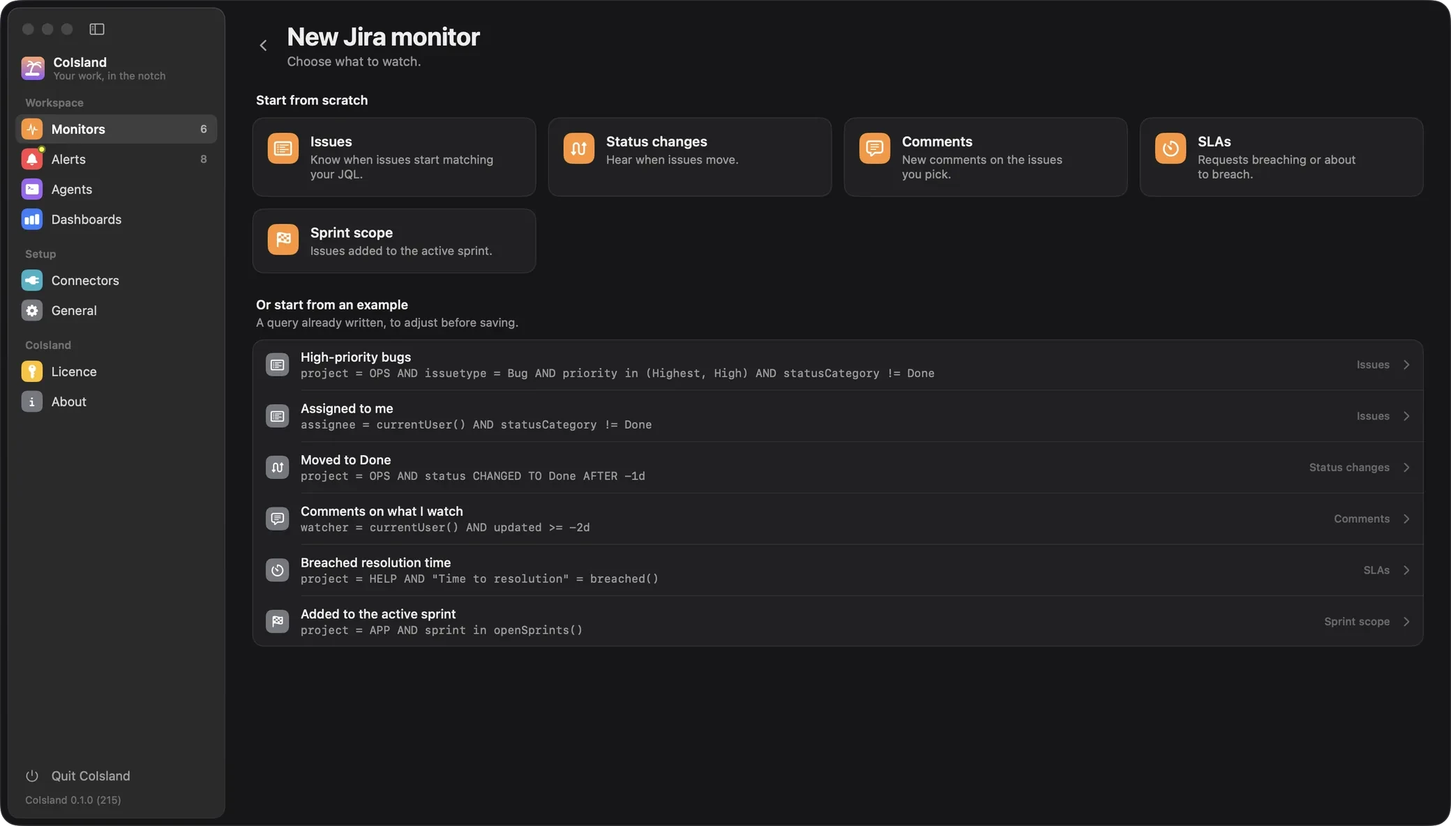 New Jira monitor: issues, status changes, comments, SLAs and sprint scope, then six examples, each with its JQL query.