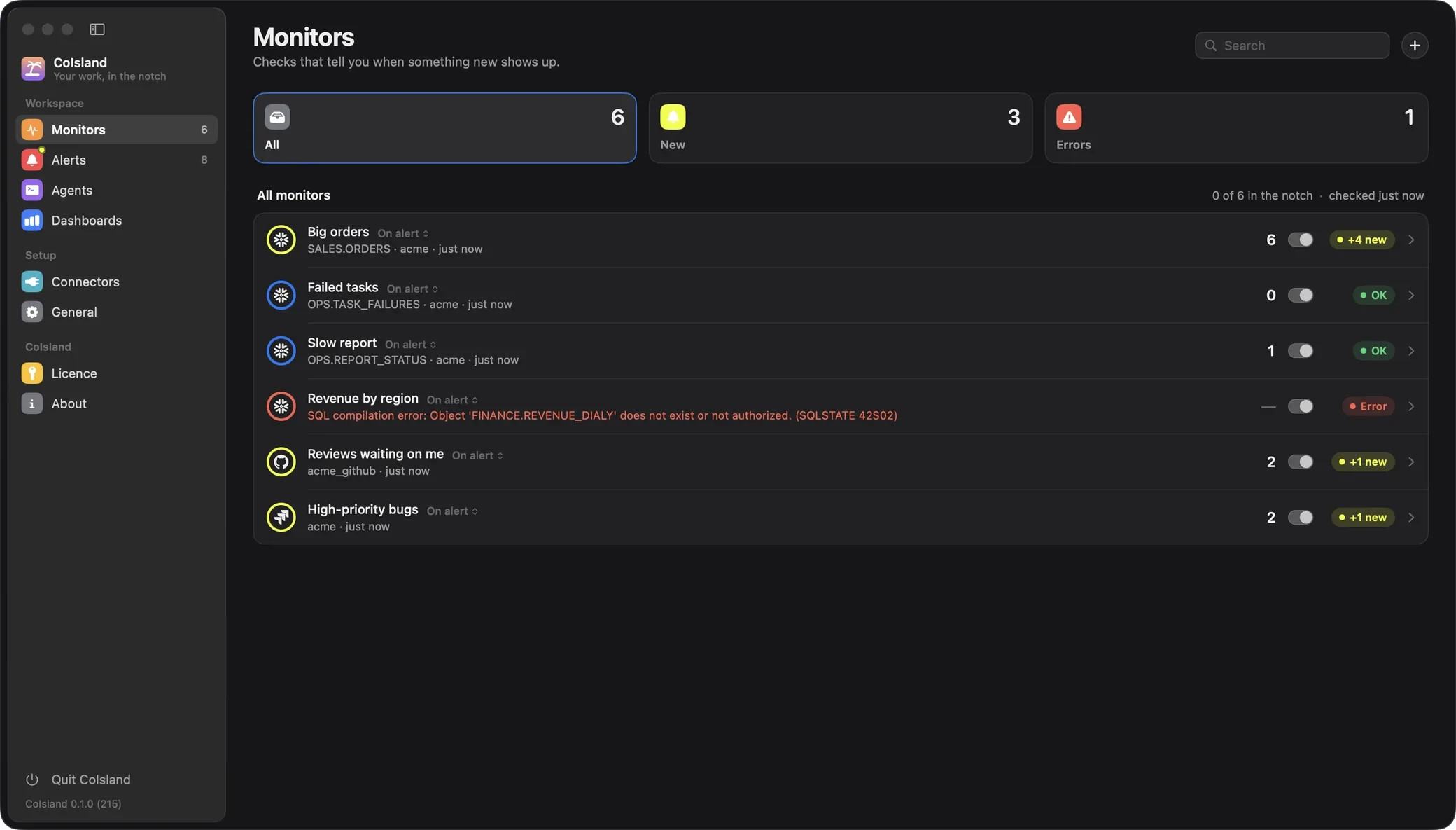CoIsland Monitors list with six monitors: Big orders with four new rows, Failed tasks and Slow report OK, Revenue by region failing with a SQL compilation error, and a GitHub and a Jira monitor with one new item each.